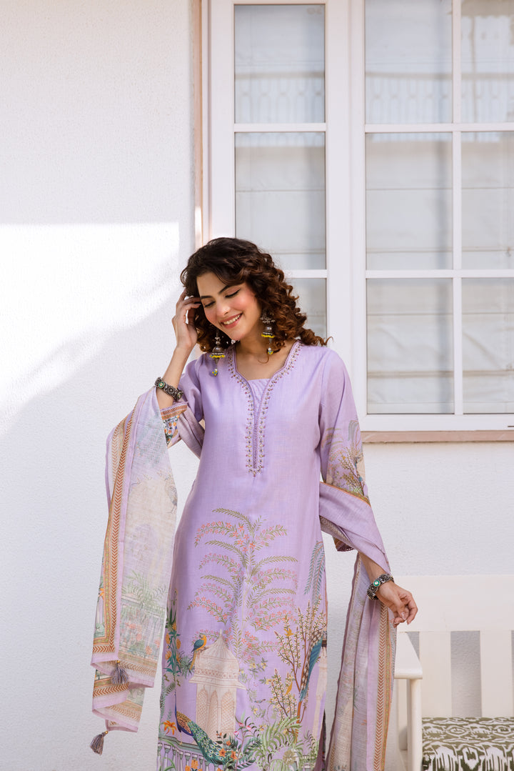 Nehamta Women's Lavender Natural Linen Kurta With Palazzo & Dupatta set