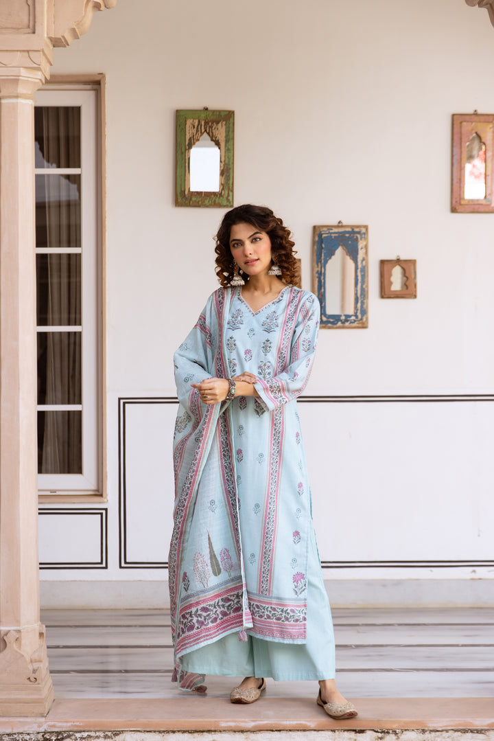Nehamta Women's Light Blue Natural Linen Kurta With Palazzo & Dupatta set