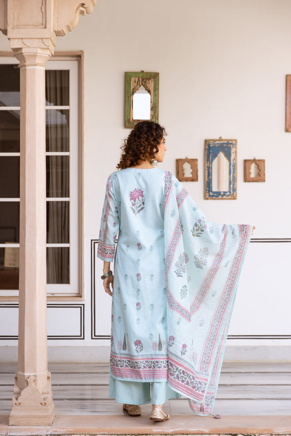 Nehamta Women's Light Blue Natural Linen Kurta With Palazzo & Dupatta set