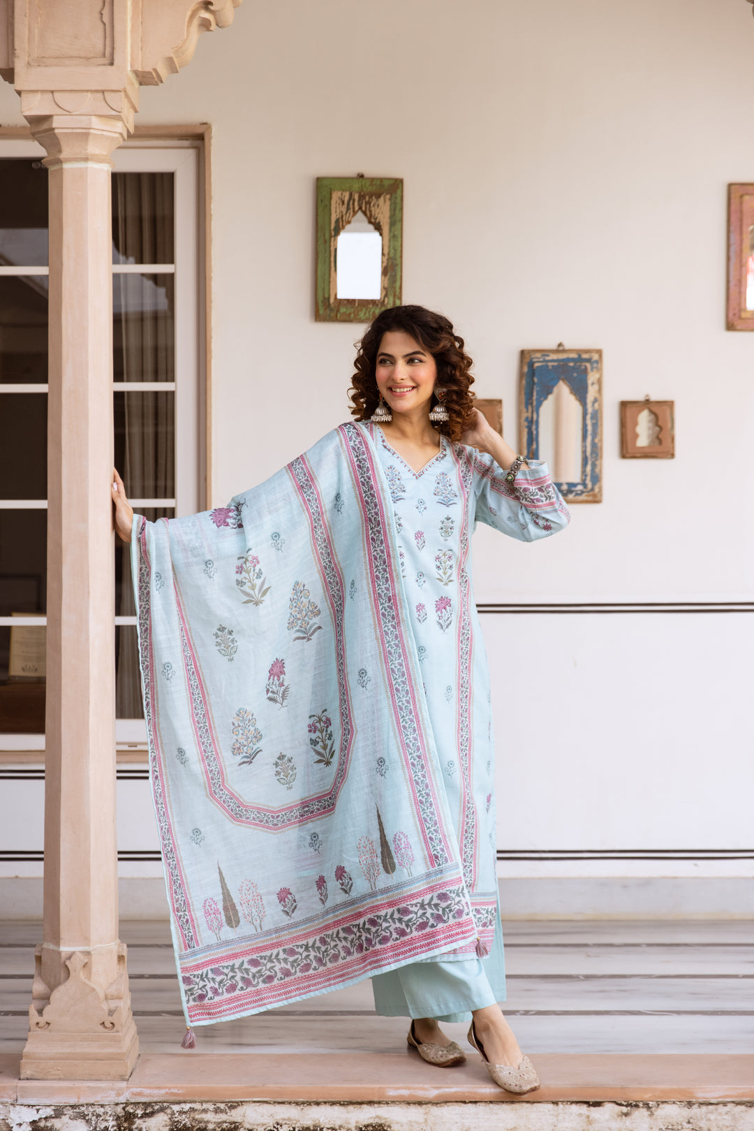 Nehamta Women's Light Blue Natural Linen Kurta With Palazzo & Dupatta set
