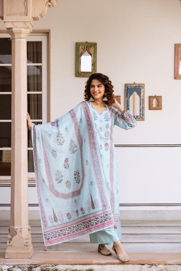 Nehamta Women's Light Blue Natural Linen Kurta With Palazzo & Dupatta set
