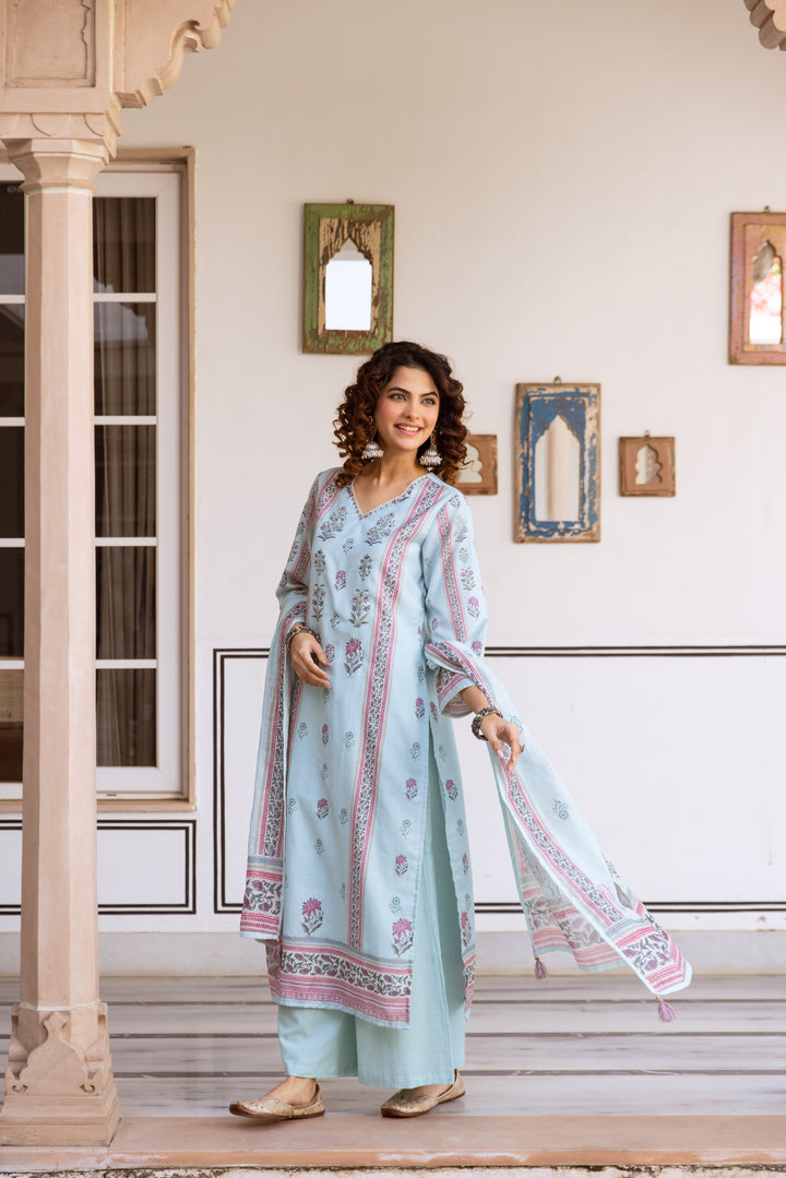 Nehamta Women's Light Blue Natural Linen Kurta With Palazzo & Dupatta set