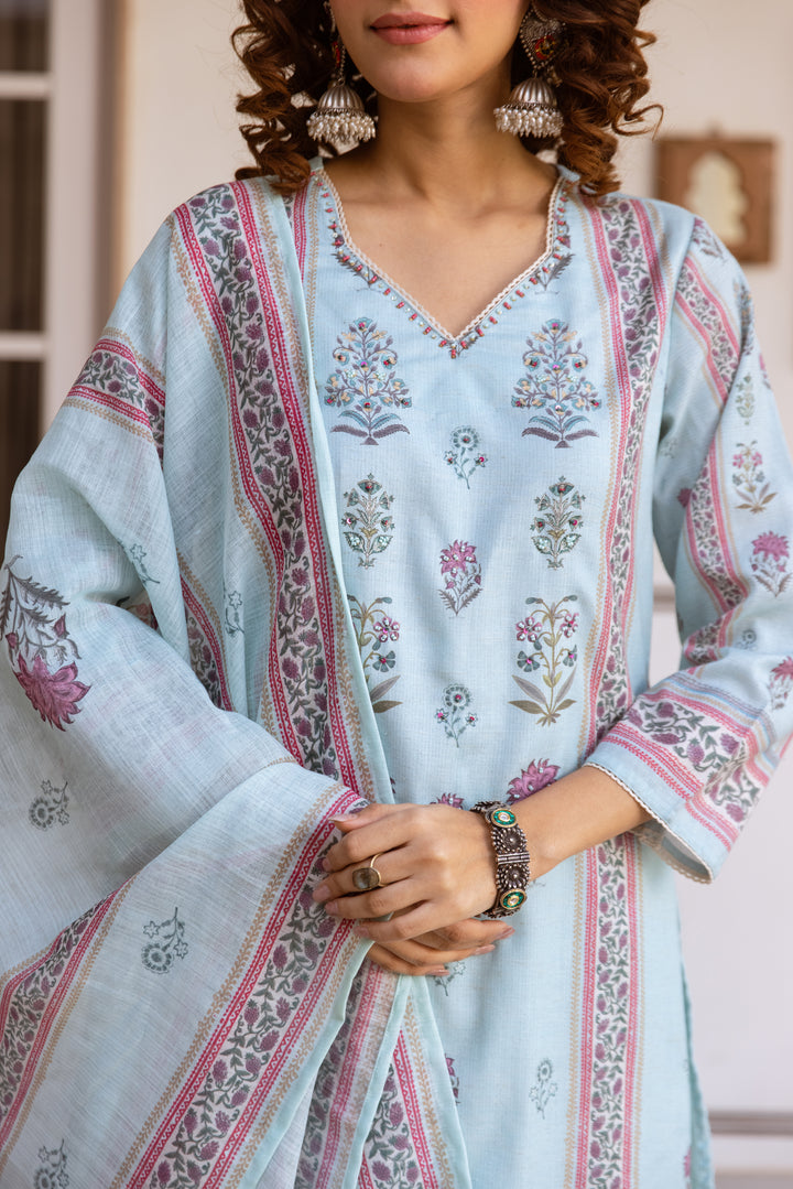 Nehamta Women's Light Blue Natural Linen Kurta With Palazzo & Dupatta set