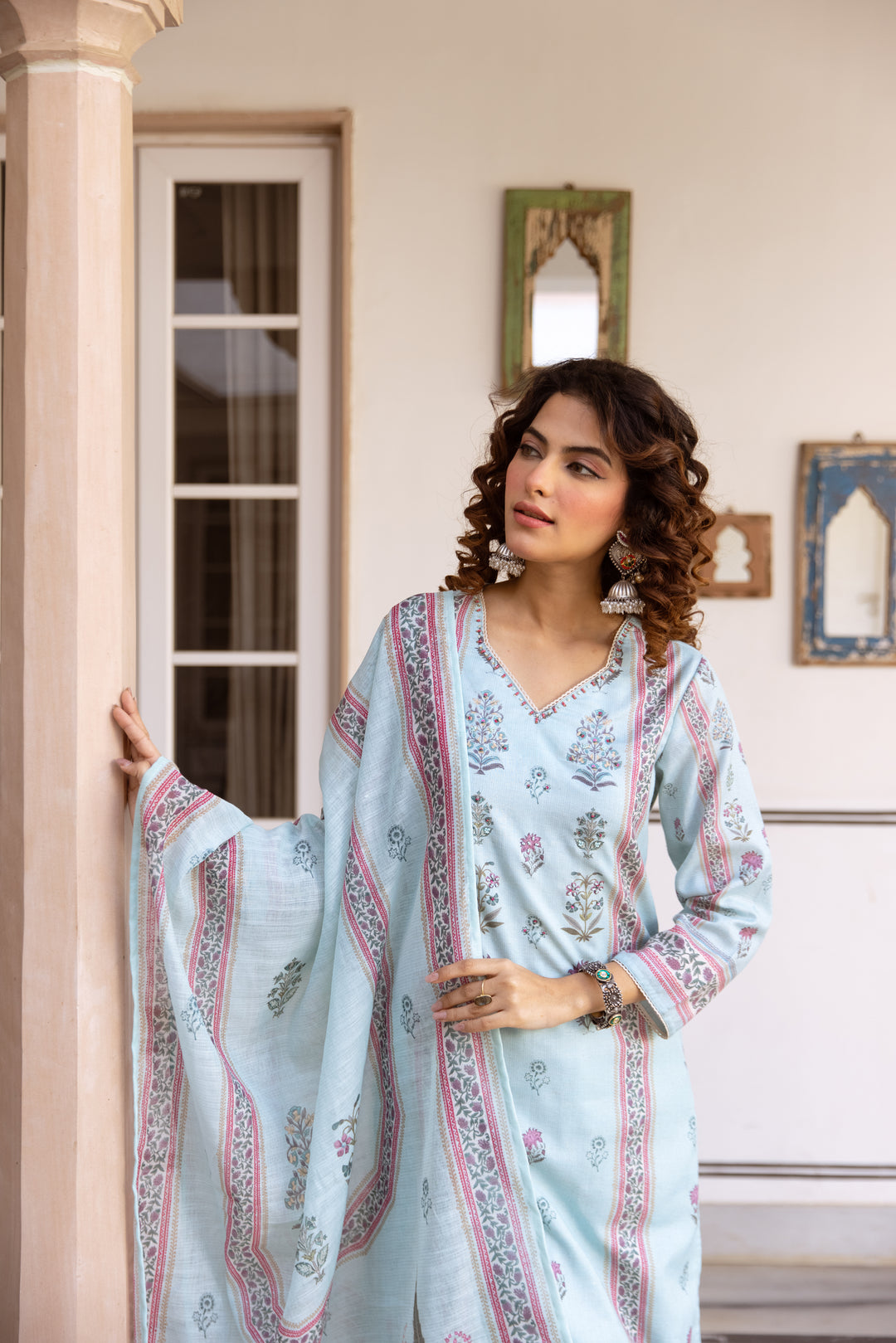 Nehamta Women's Light Blue Natural Linen Kurta With Palazzo & Dupatta set