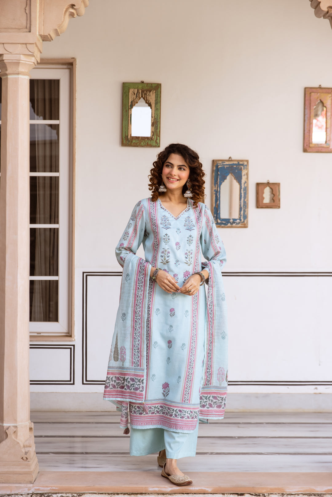 Nehamta Women's Light Blue Natural Linen Kurta With Palazzo & Dupatta set