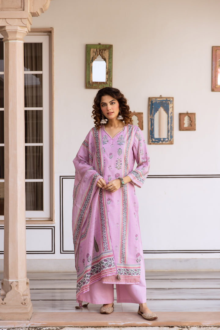 Nehamta Women's Pink Natural Linen Kurta With Palazzo & Dupatta set