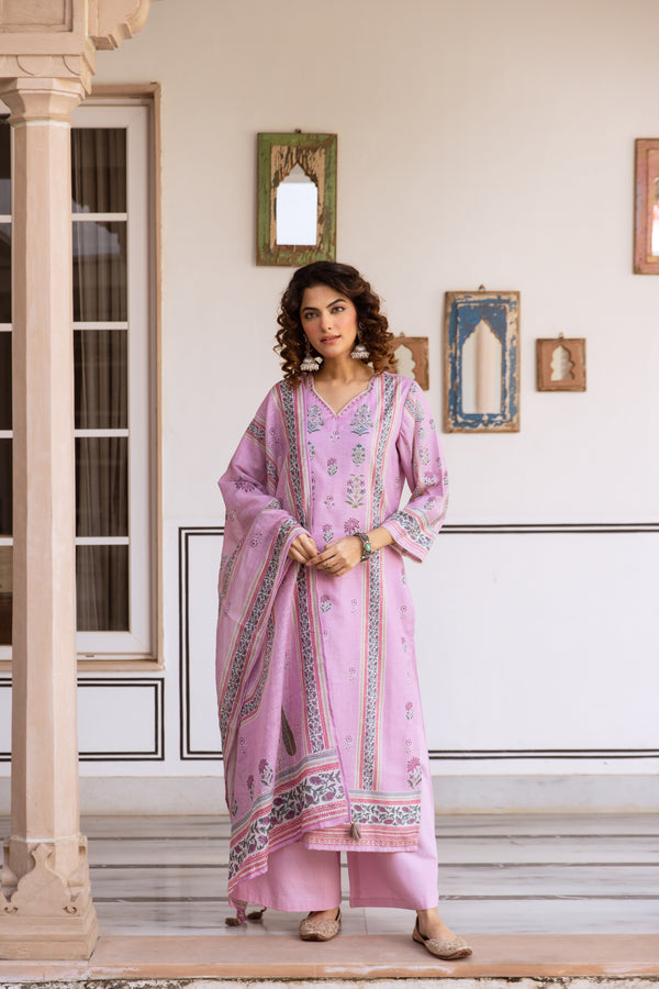 Nehamta Women's Pink Natural Linen Kurta With Palazzo & Dupatta set