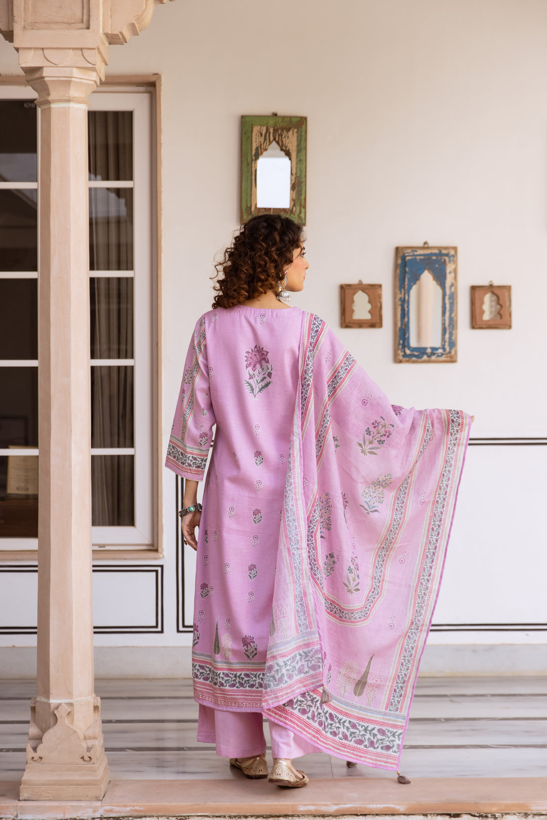 Nehamta Women's Pink Natural Linen Kurta With Palazzo & Dupatta set