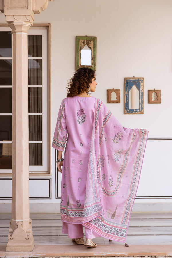 Nehamta Women's Pink Natural Linen Kurta With Palazzo & Dupatta set