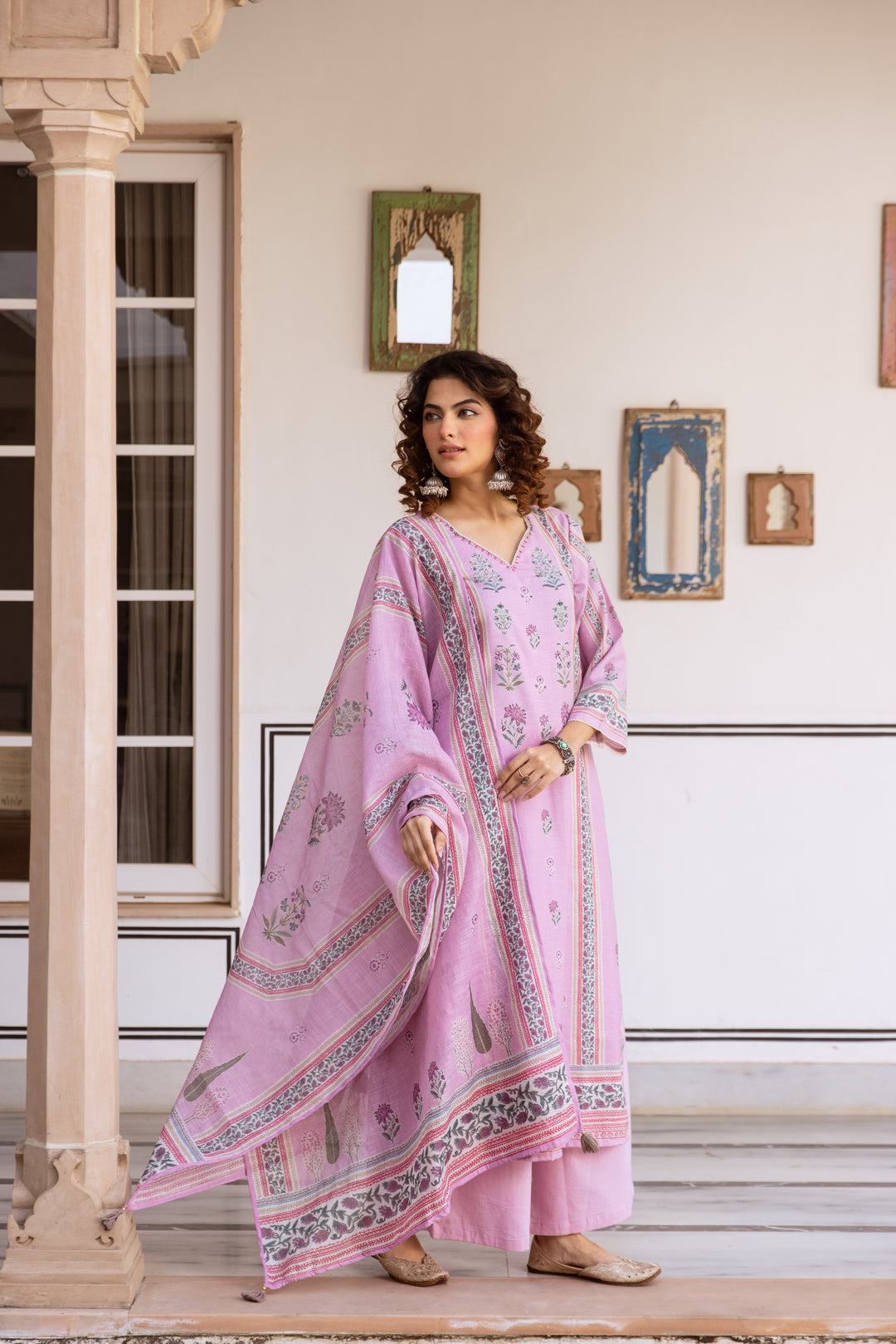 Nehamta Women's Pink Natural Linen Kurta With Palazzo & Dupatta set