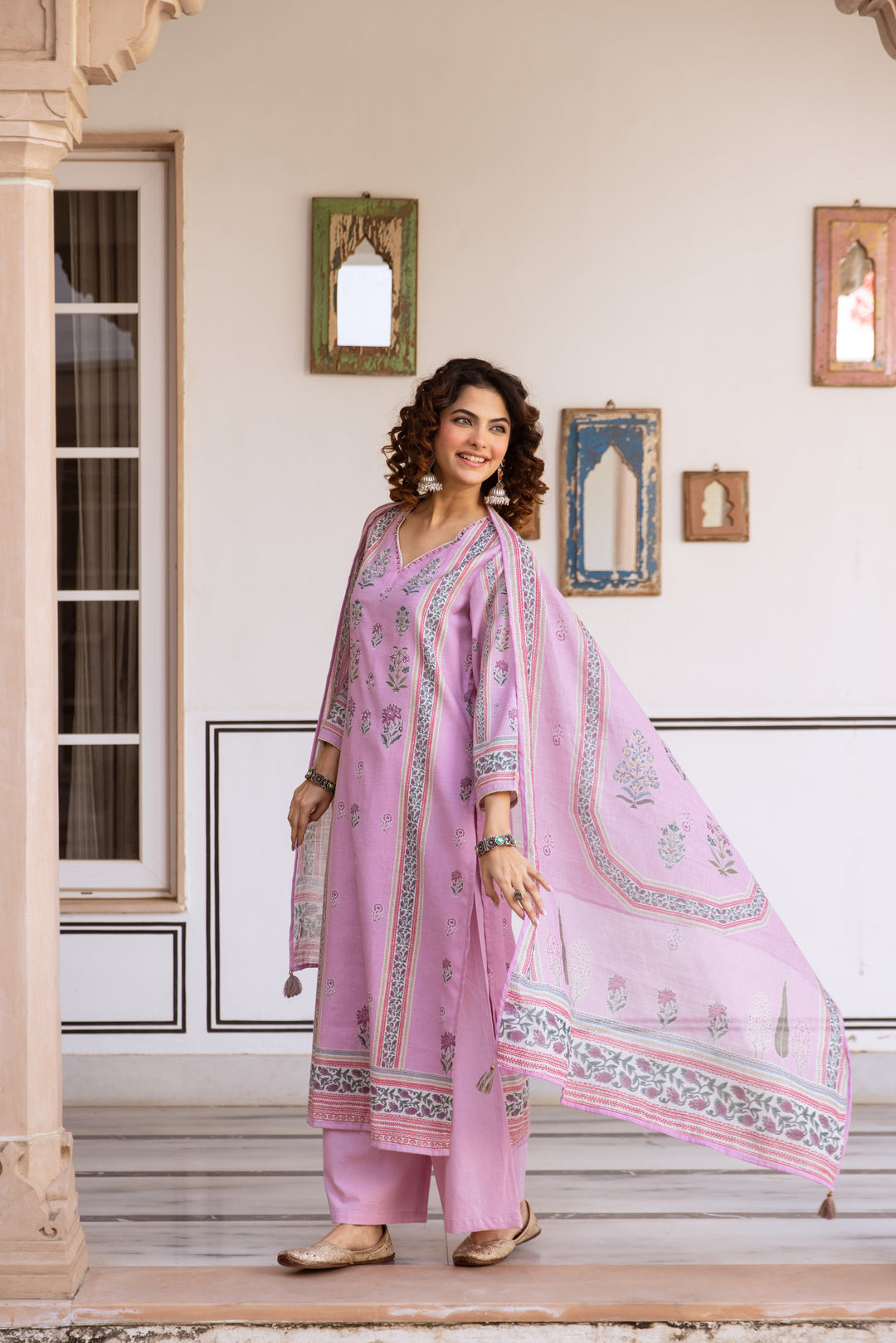 Nehamta Women's Pink Natural Linen Kurta With Palazzo & Dupatta set