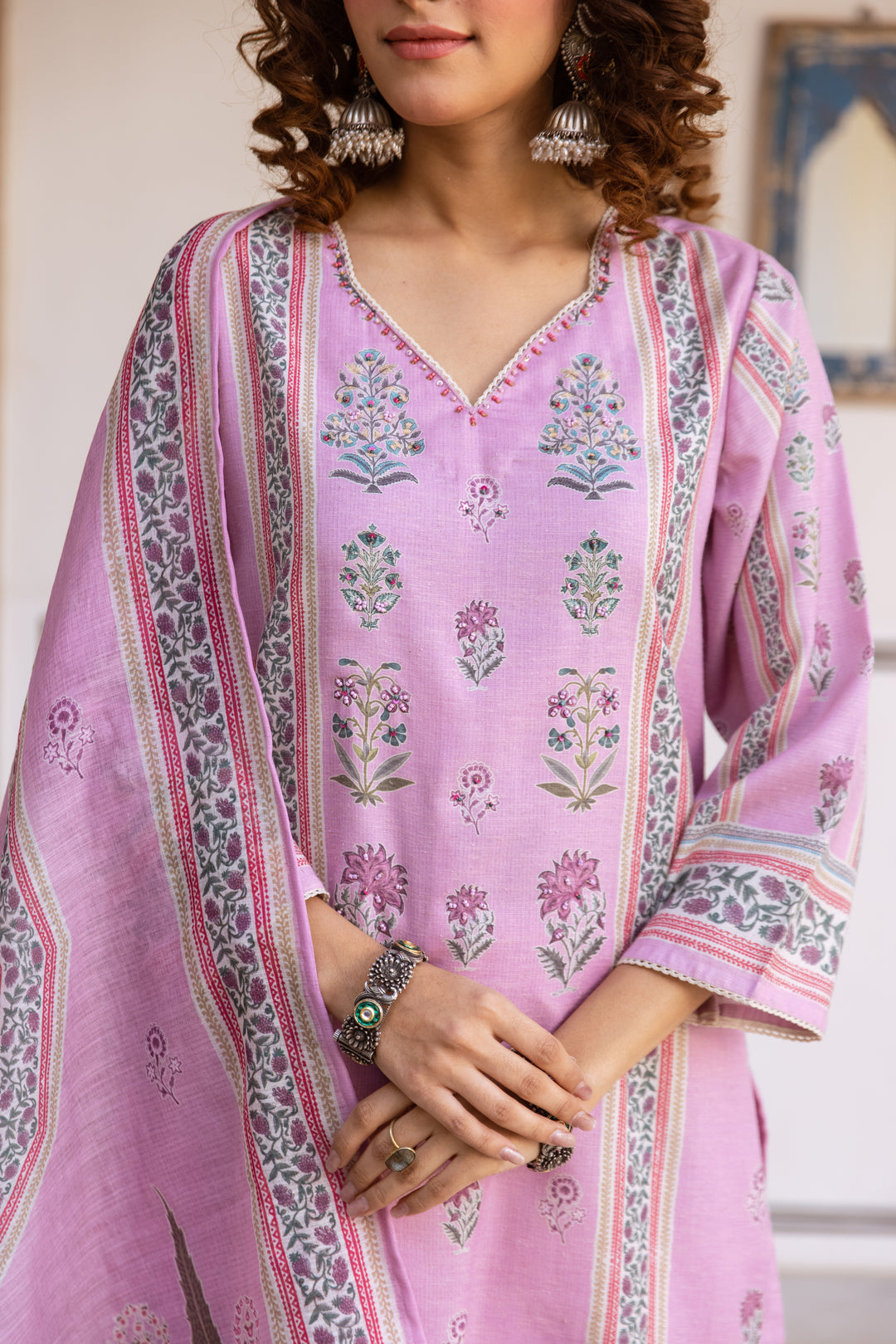 Nehamta Women's Pink Natural Linen Kurta With Palazzo & Dupatta set