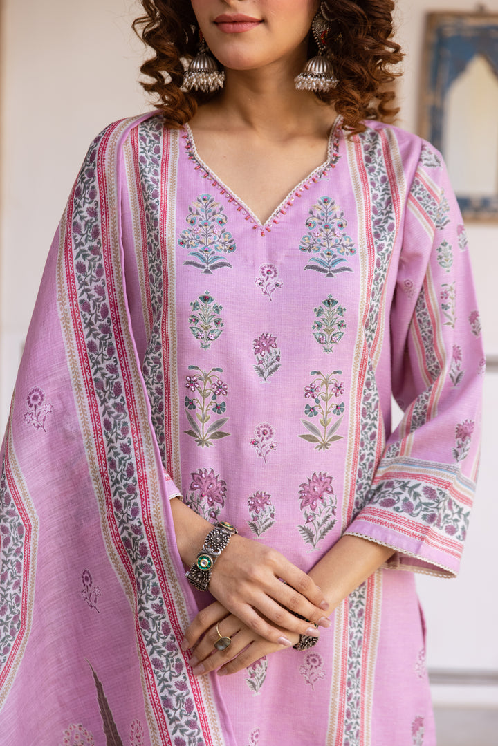 Nehamta Women's Pink Natural Linen Kurta With Palazzo & Dupatta set