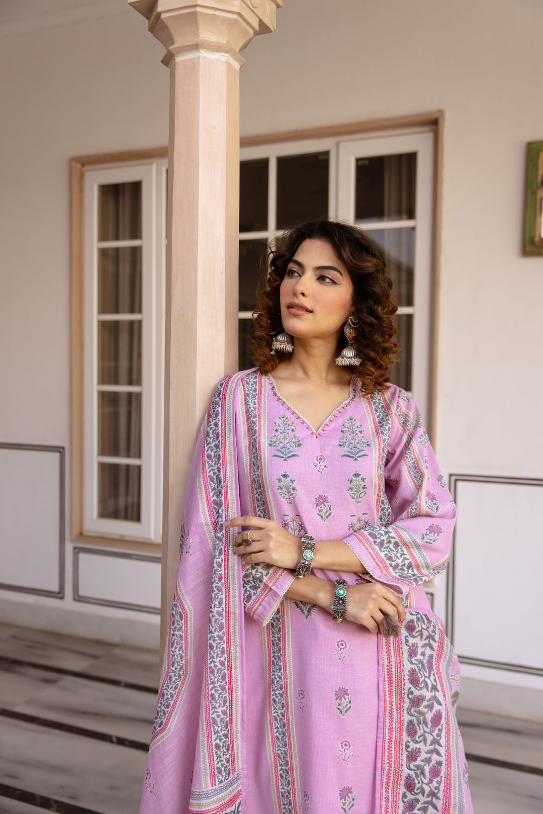 Nehamta Women's Pink Natural Linen Kurta With Palazzo & Dupatta set