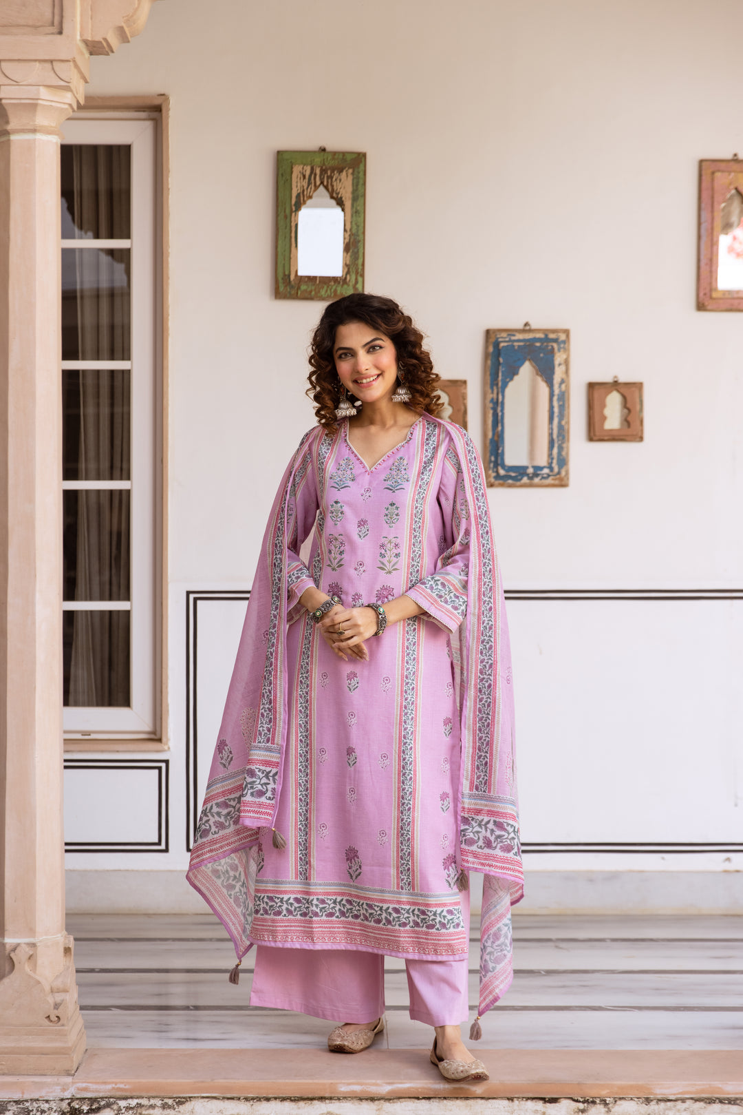 Nehamta Women's Pink Natural Linen Kurta With Palazzo & Dupatta set