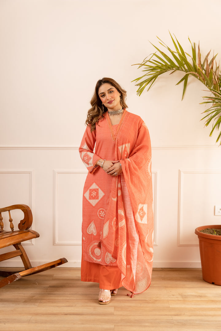 Nehamta Women's Orange Natural Linen Kurta With Palazzo & Dupatta set