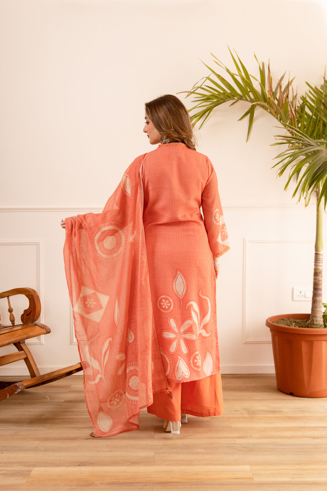 Nehamta Women's Orange Natural Linen Kurta With Palazzo & Dupatta set