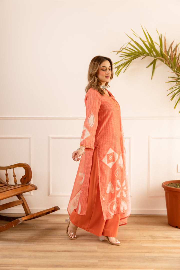 Nehamta Women's Orange Natural Linen Kurta With Palazzo & Dupatta set