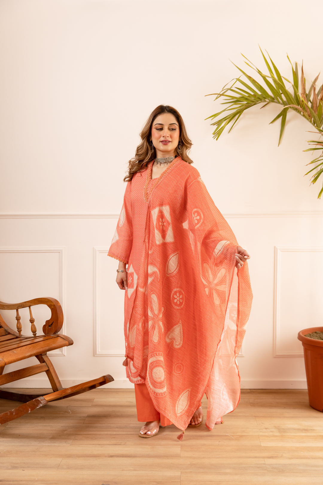 Nehamta Women's Orange Natural Linen Kurta With Palazzo & Dupatta set