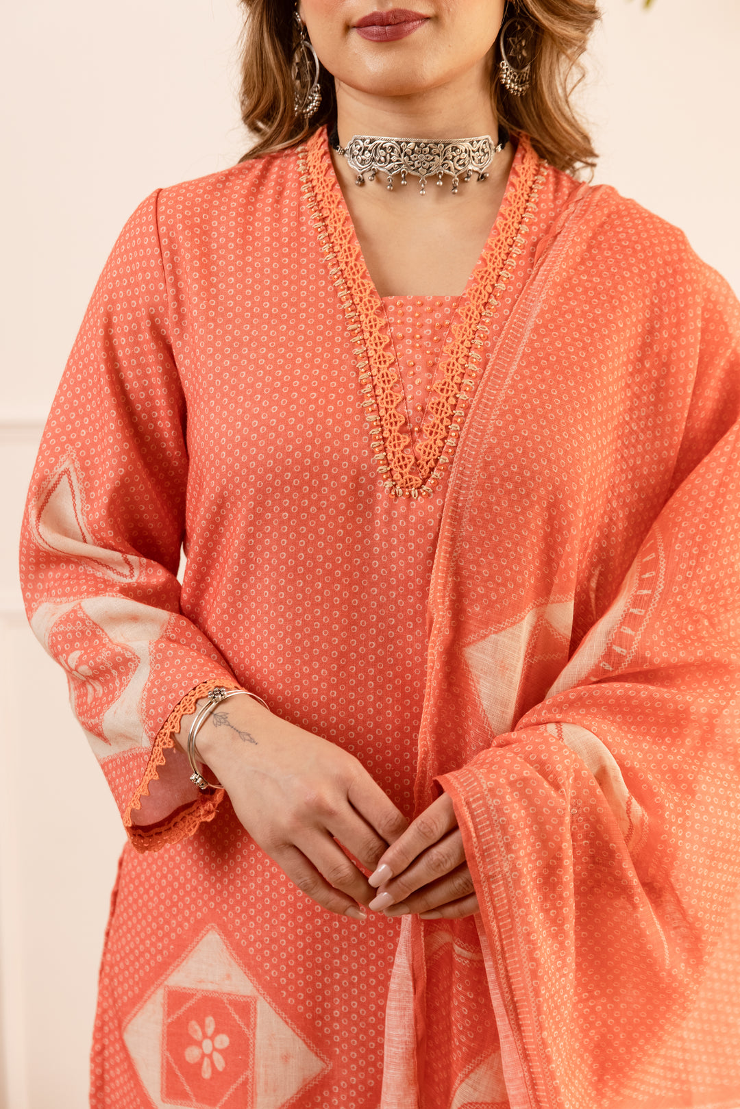 Nehamta Women's Orange Natural Linen Kurta With Palazzo & Dupatta set