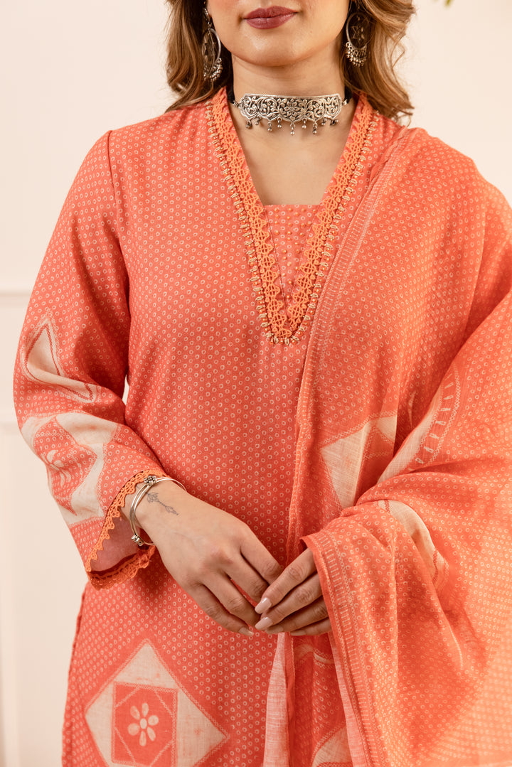 Nehamta Women's Orange Natural Linen Kurta With Palazzo & Dupatta set