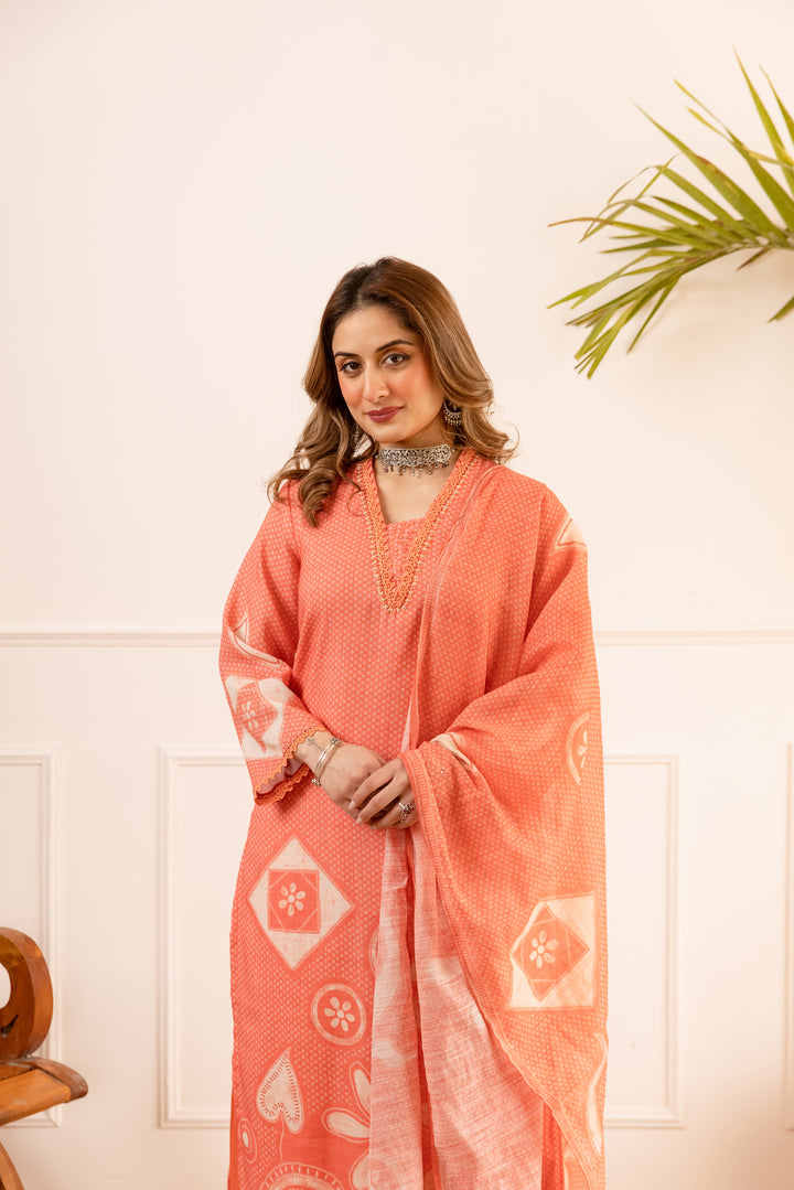 Nehamta Women's Orange Natural Linen Kurta With Palazzo & Dupatta set