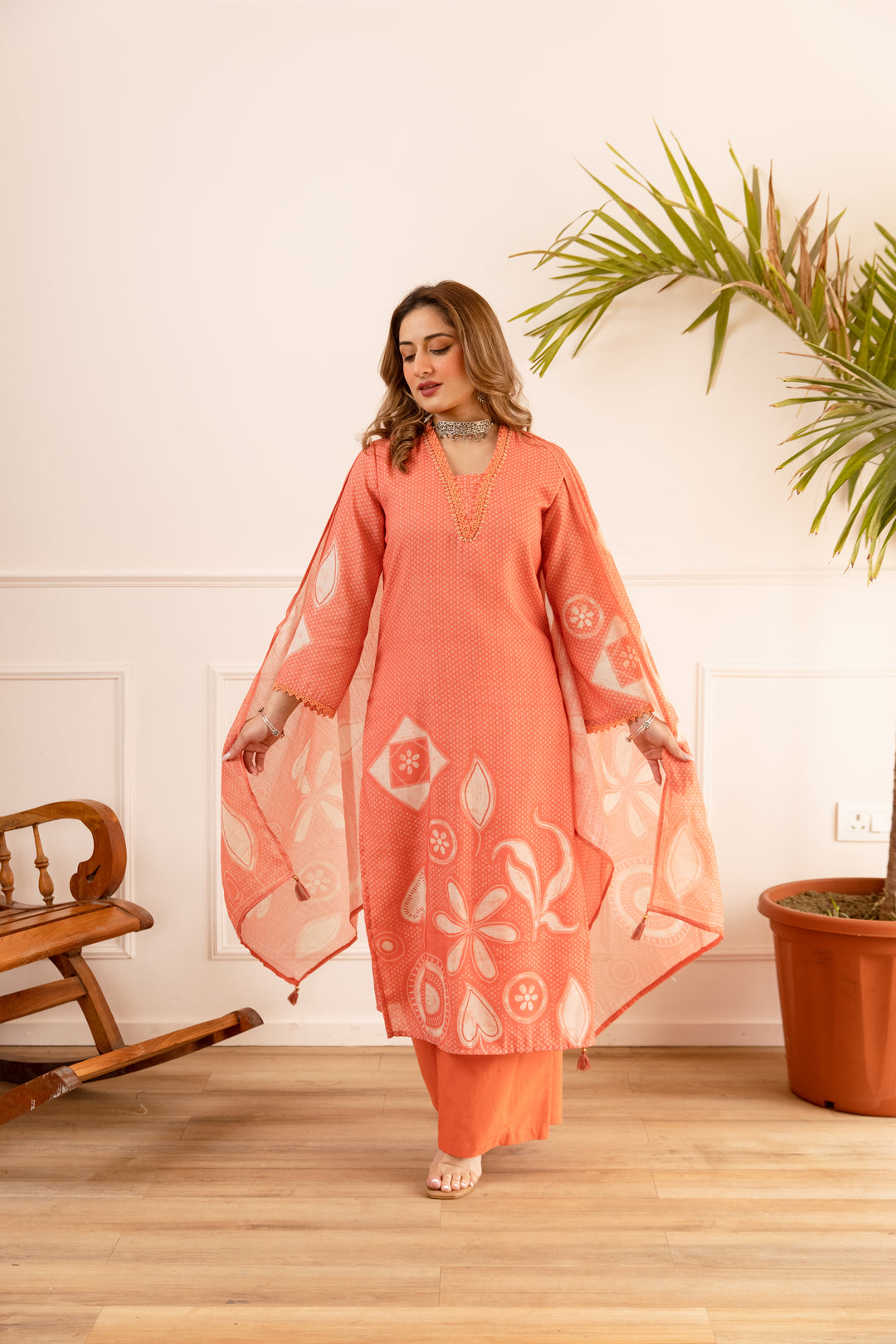 Nehamta Women's Orange Natural Linen Kurta With Palazzo & Dupatta set