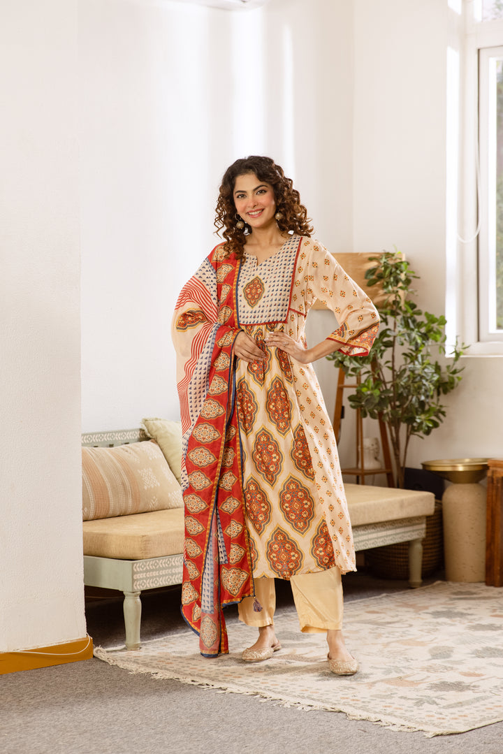 Nehamta Women's Cream Muslin Kurta With Pant & Dupatta set