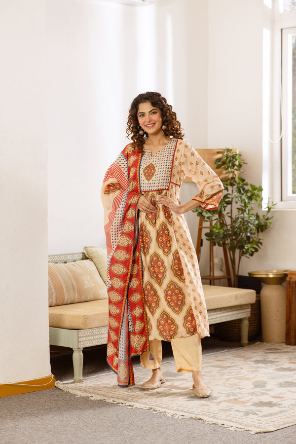 Nehamta Women's Cream Muslin Kurta With Pant & Dupatta set