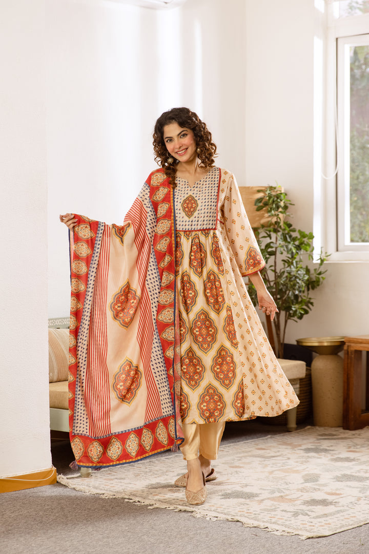 Nehamta Women's Cream Muslin Kurta With Pant & Dupatta set