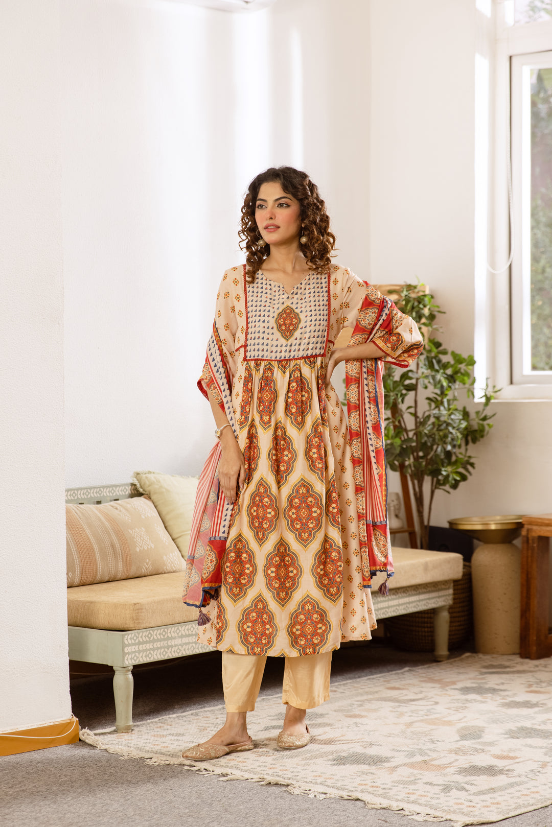 Nehamta Women's Cream Muslin Kurta With Pant & Dupatta set