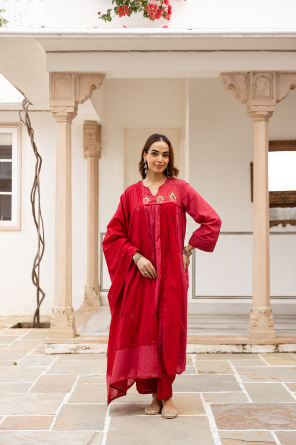 Nehamta Women's Red Mulmul Cotton Kurta With Pant & Dupatta set