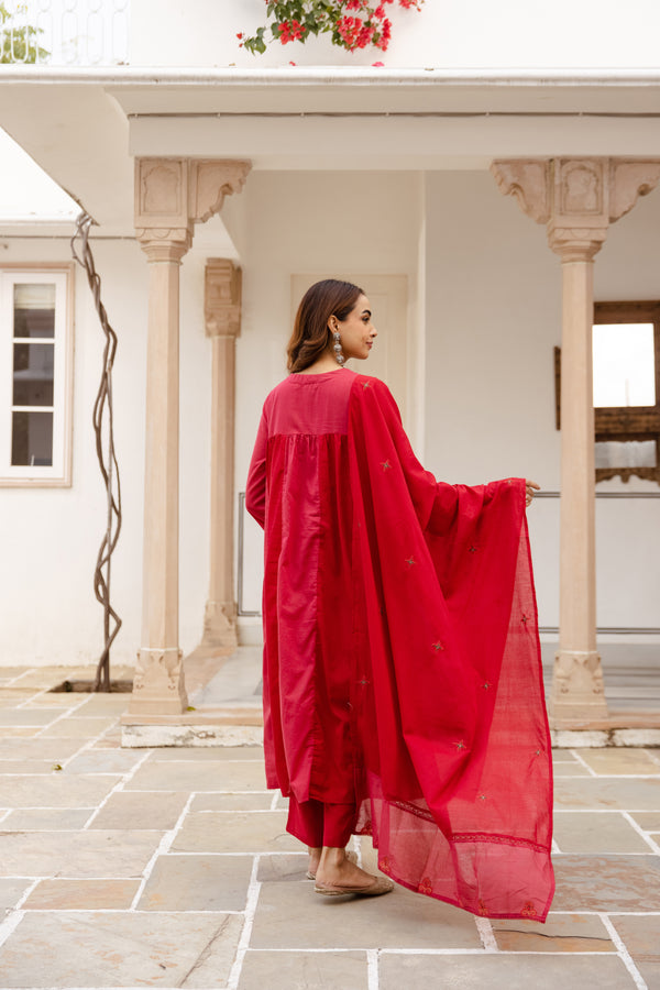 Nehamta Women's Red Mulmul Cotton Kurta With Pant & Dupatta set