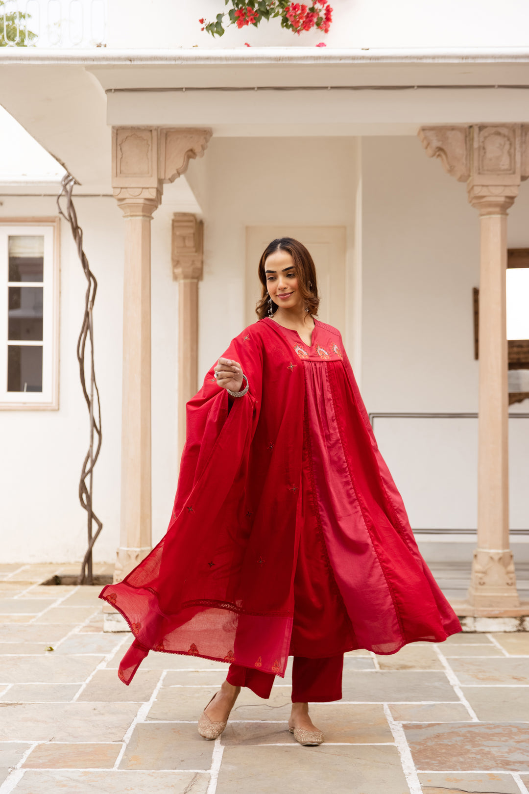 Nehamta Women's Red Mulmul Cotton Kurta With Pant & Dupatta set