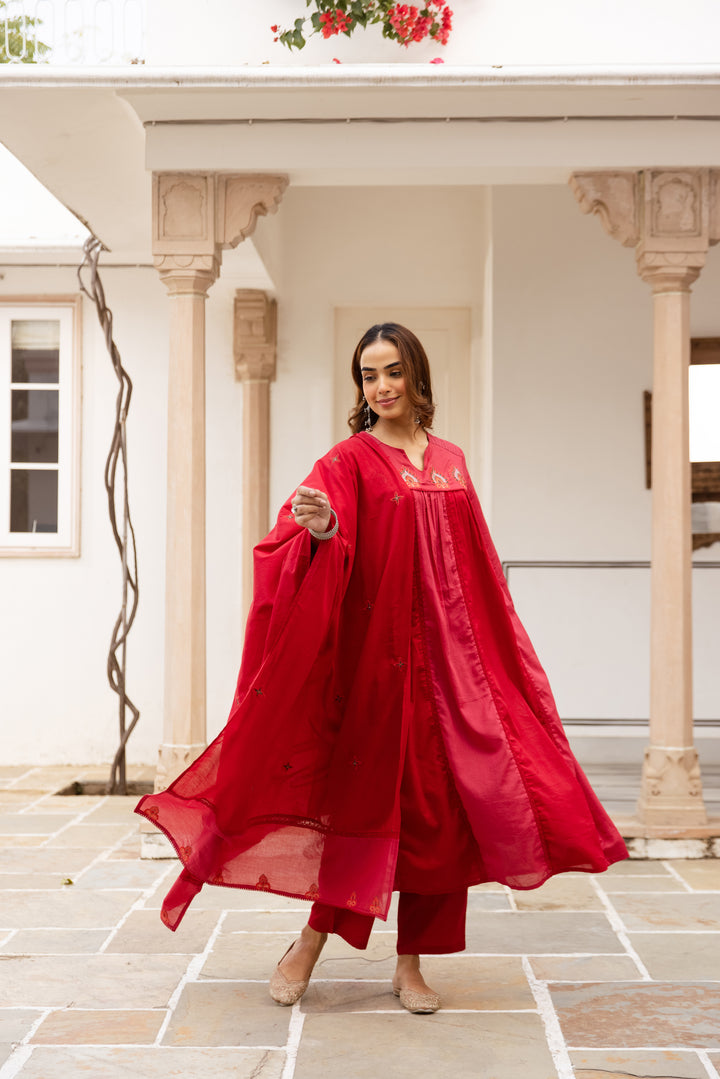 Nehamta Women's Red Mulmul Cotton Kurta With Pant & Dupatta set