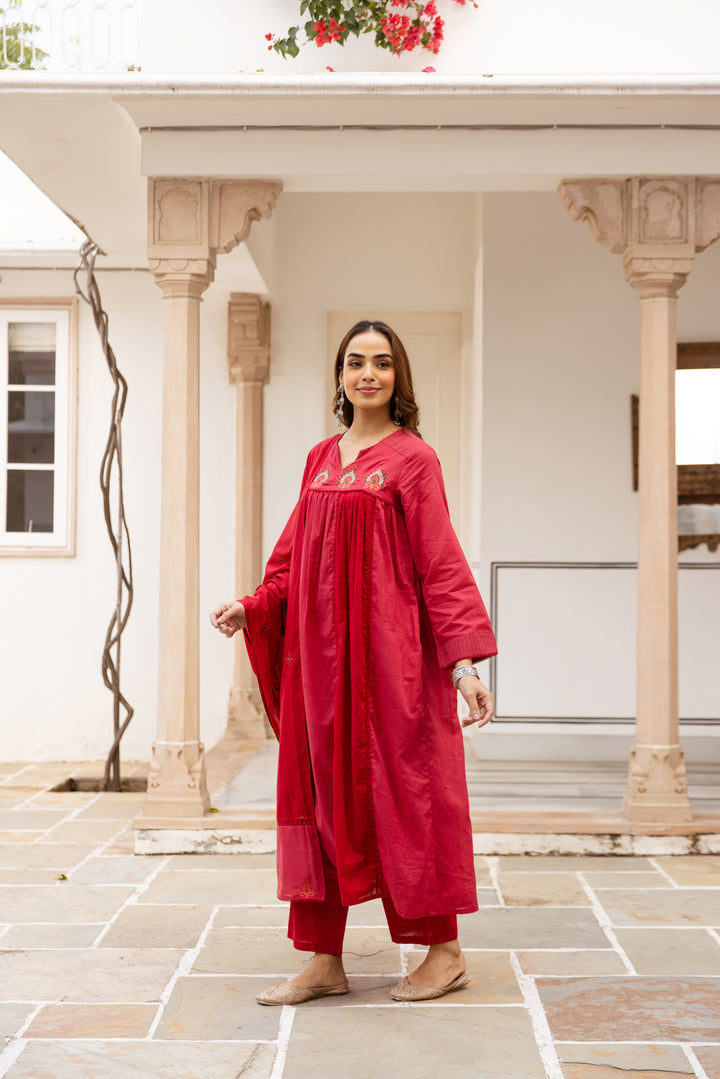 Nehamta Women's Red Mulmul Cotton Kurta With Pant & Dupatta set
