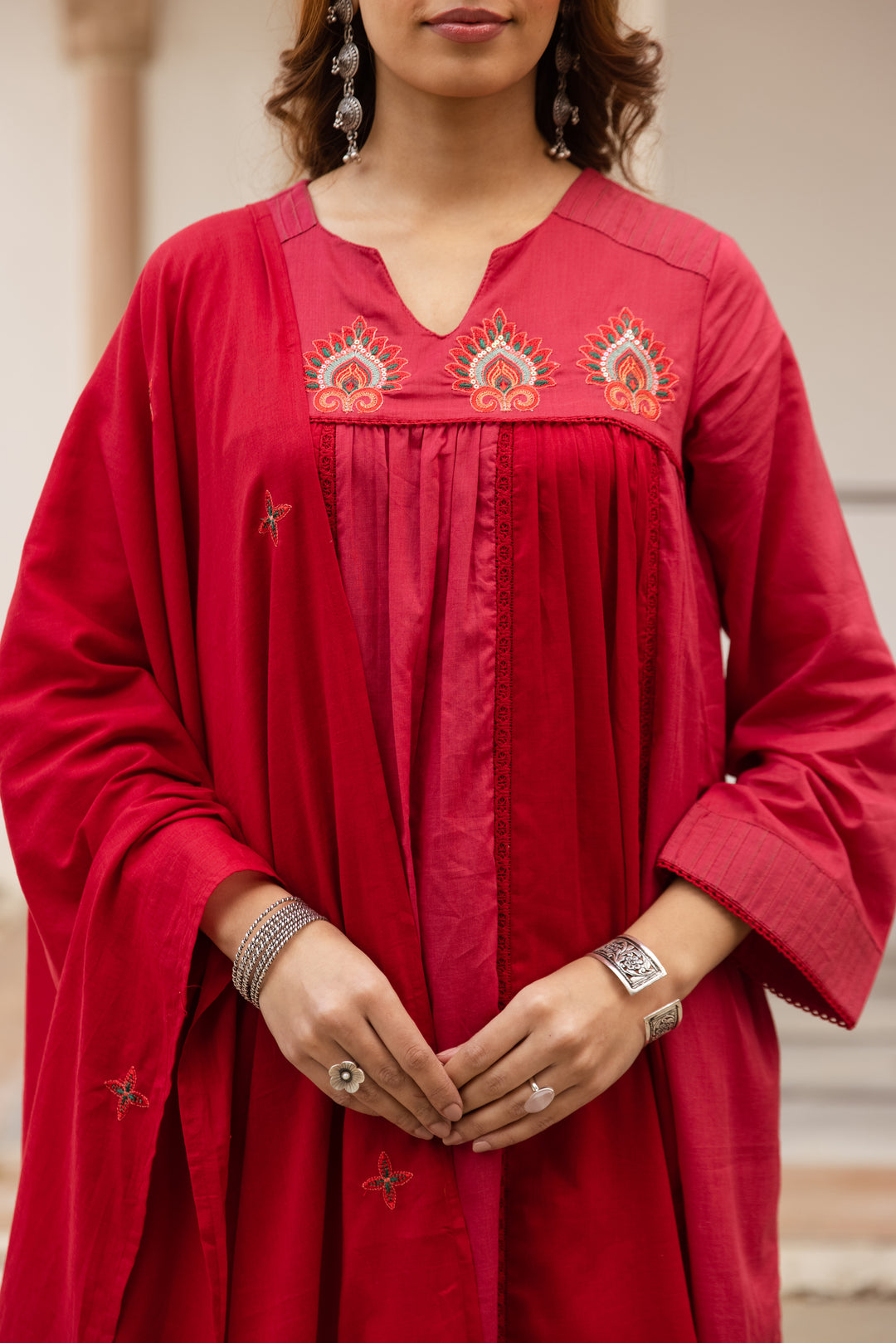 Nehamta Women's Red Mulmul Cotton Kurta With Pant & Dupatta set