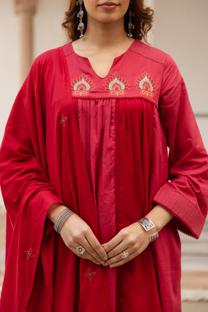Nehamta Women's Red Mulmul Cotton Kurta With Pant & Dupatta set
