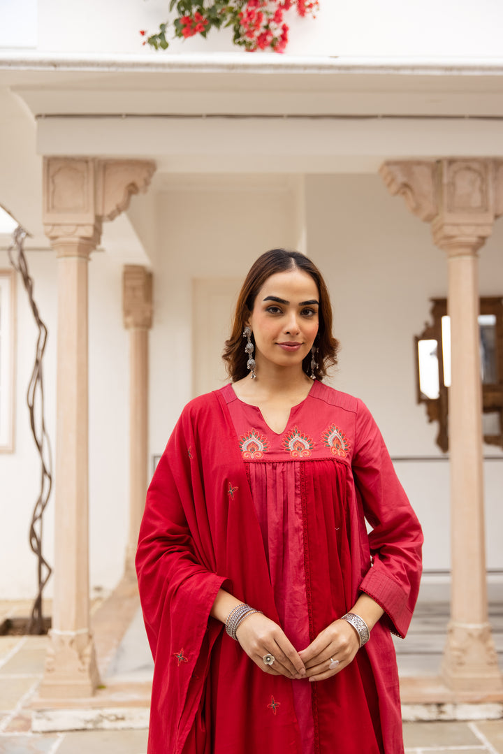 Nehamta Women's Red Mulmul Cotton Kurta With Pant & Dupatta set