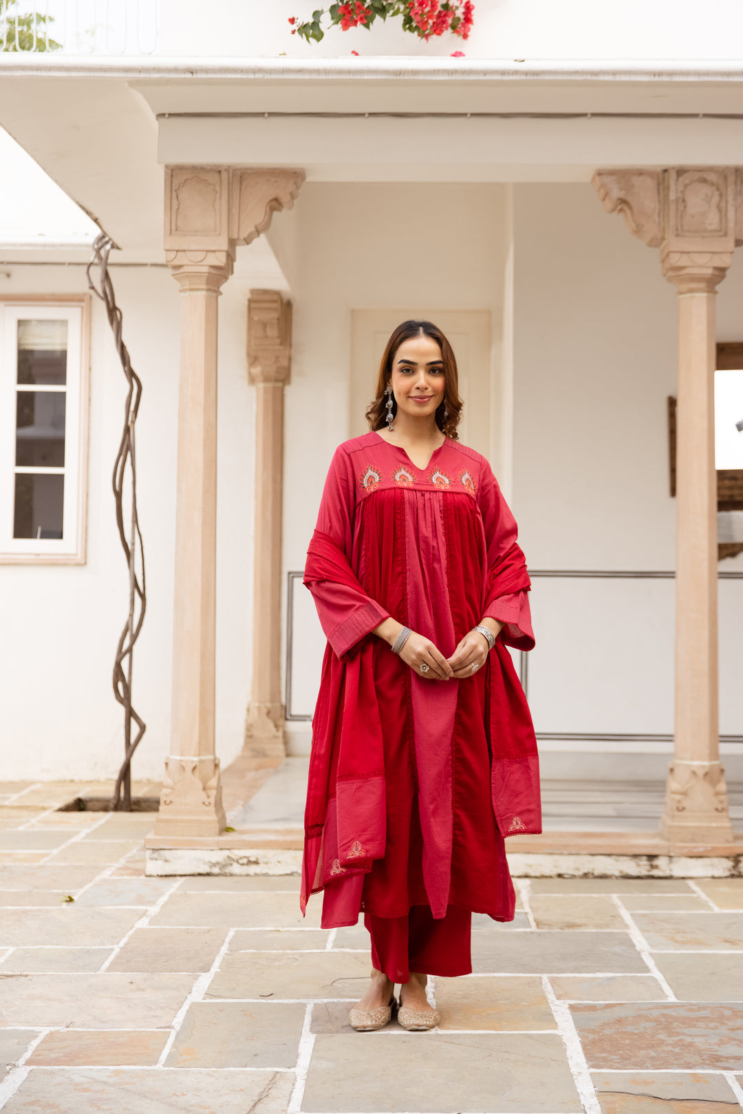 Nehamta Women's Red Mulmul Cotton Kurta With Pant & Dupatta set