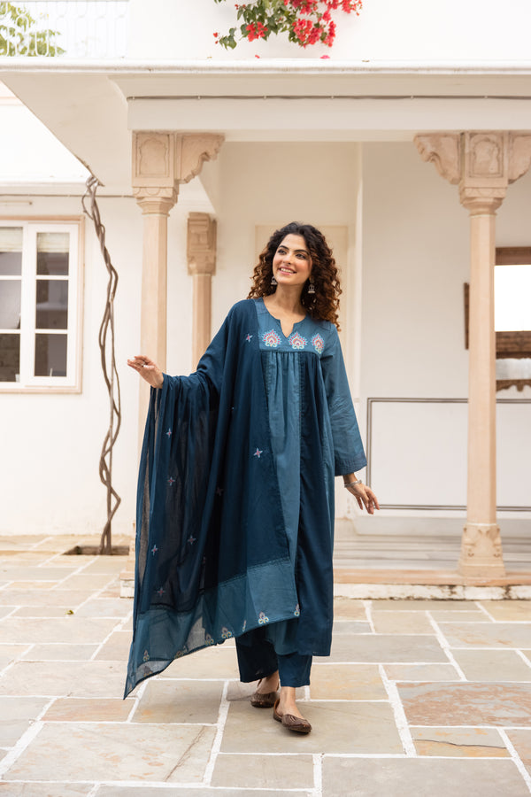 Nehamta Women's Teal Blue Mulmul Cotton Kurta With Pant & Dupatta set