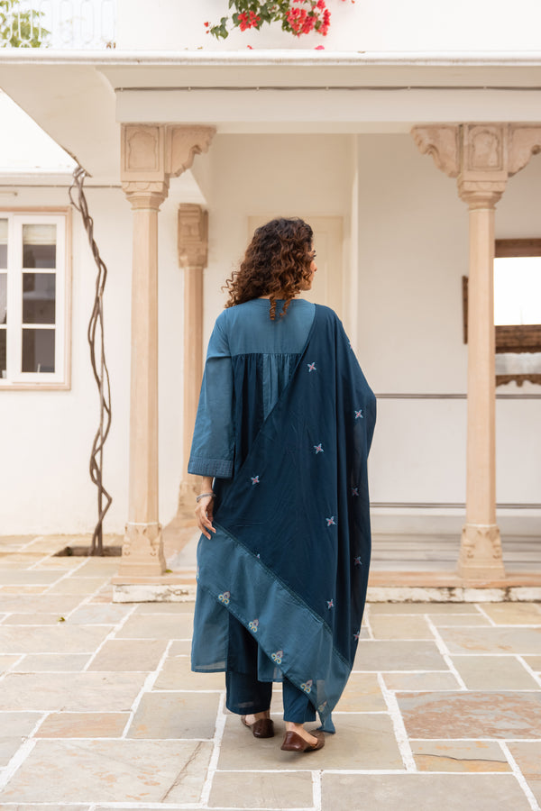 Nehamta Women's Teal Blue Mulmul Cotton Kurta With Pant & Dupatta set