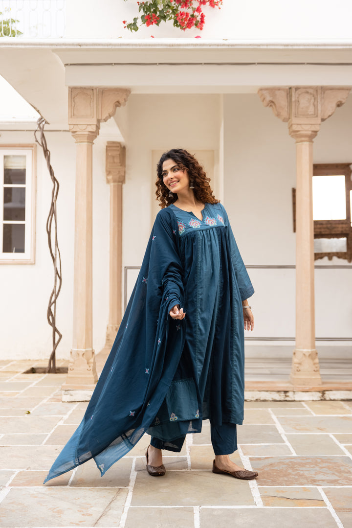 Nehamta Women's Teal Blue Mulmul Cotton Kurta With Pant & Dupatta set