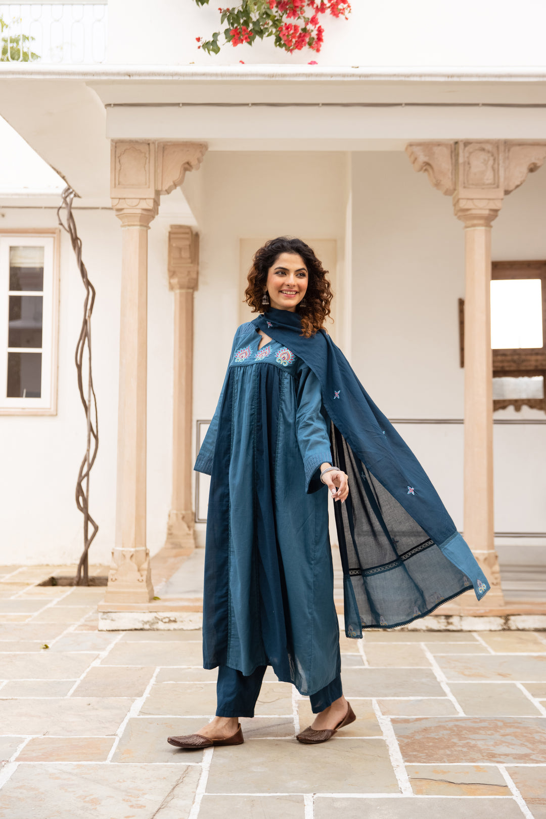 Nehamta Women's Teal Blue Mulmul Cotton Kurta With Pant & Dupatta set