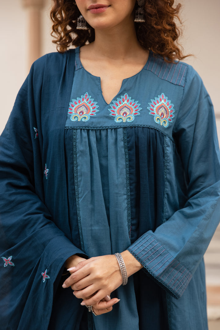 Nehamta Women's Teal Blue Mulmul Cotton Kurta With Pant & Dupatta set