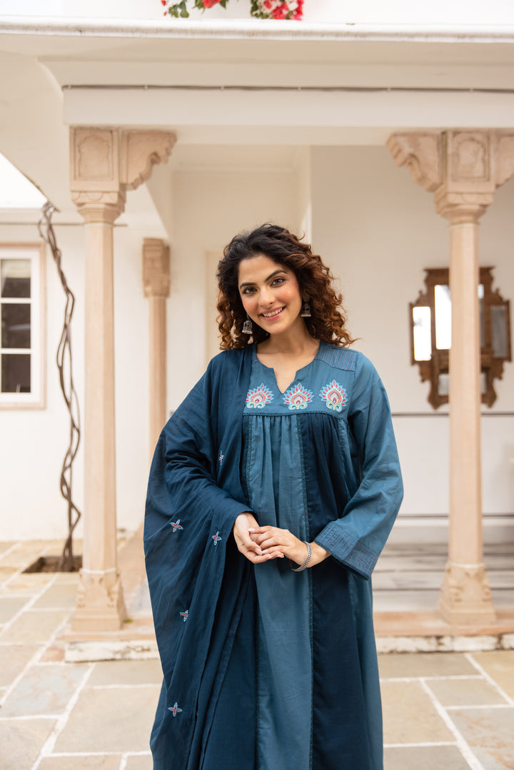 Nehamta Women's Teal Blue Mulmul Cotton Kurta With Pant & Dupatta set