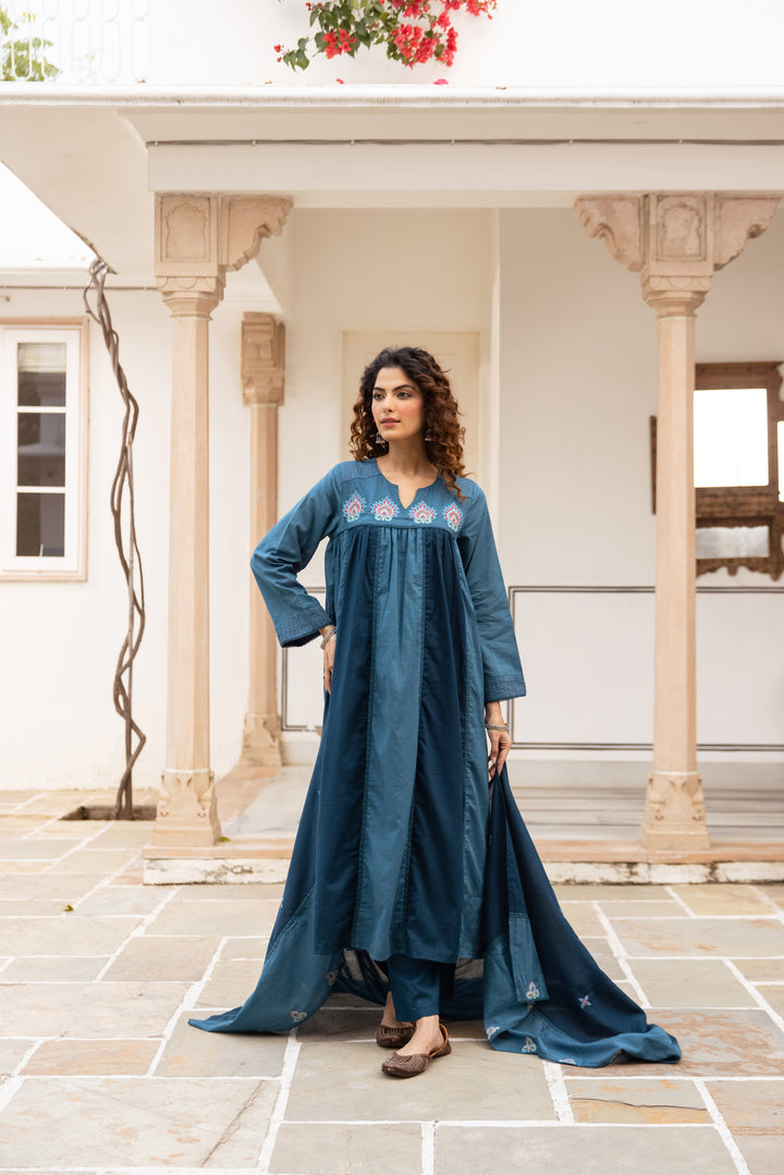 Nehamta Women's Teal Blue Mulmul Cotton Kurta With Pant & Dupatta set