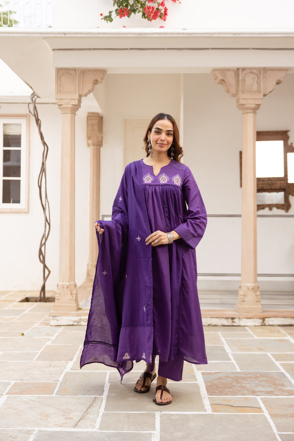 Nehamta Women's Dark Purple Mulmul Cotton Kurta With Pant & Dupatta set