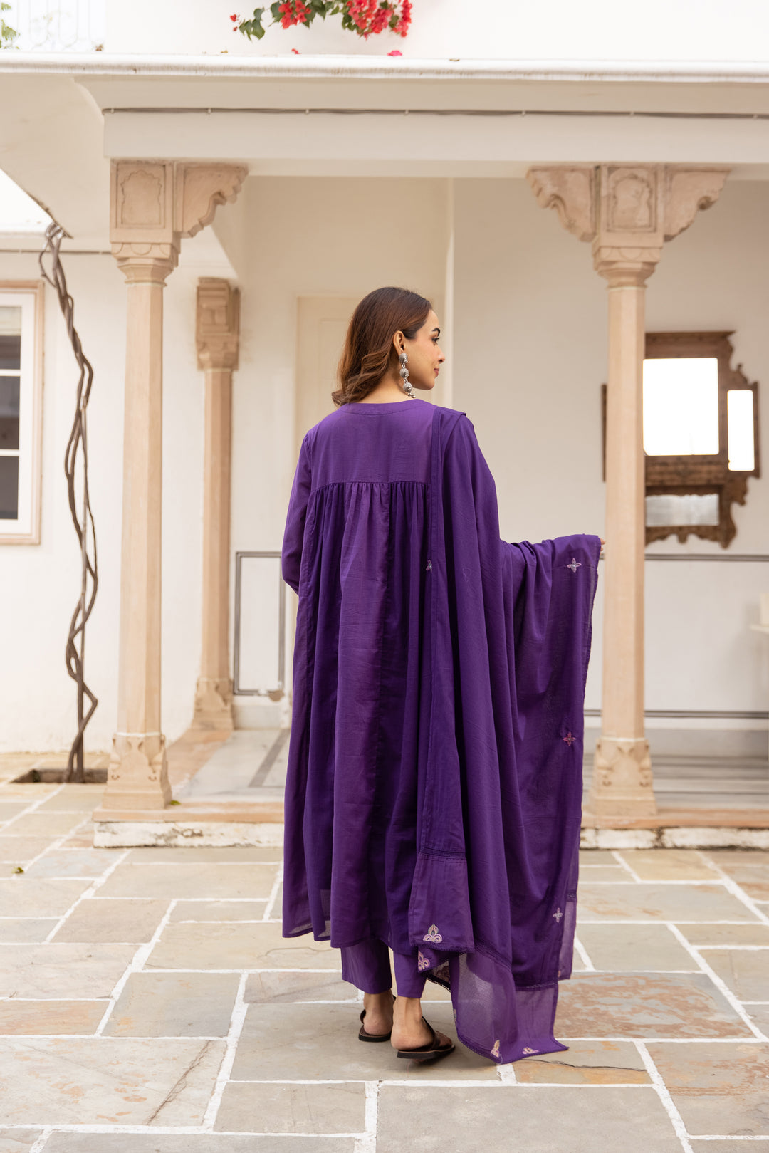 Nehamta Women's Dark Purple Mulmul Cotton Kurta With Pant & Dupatta set