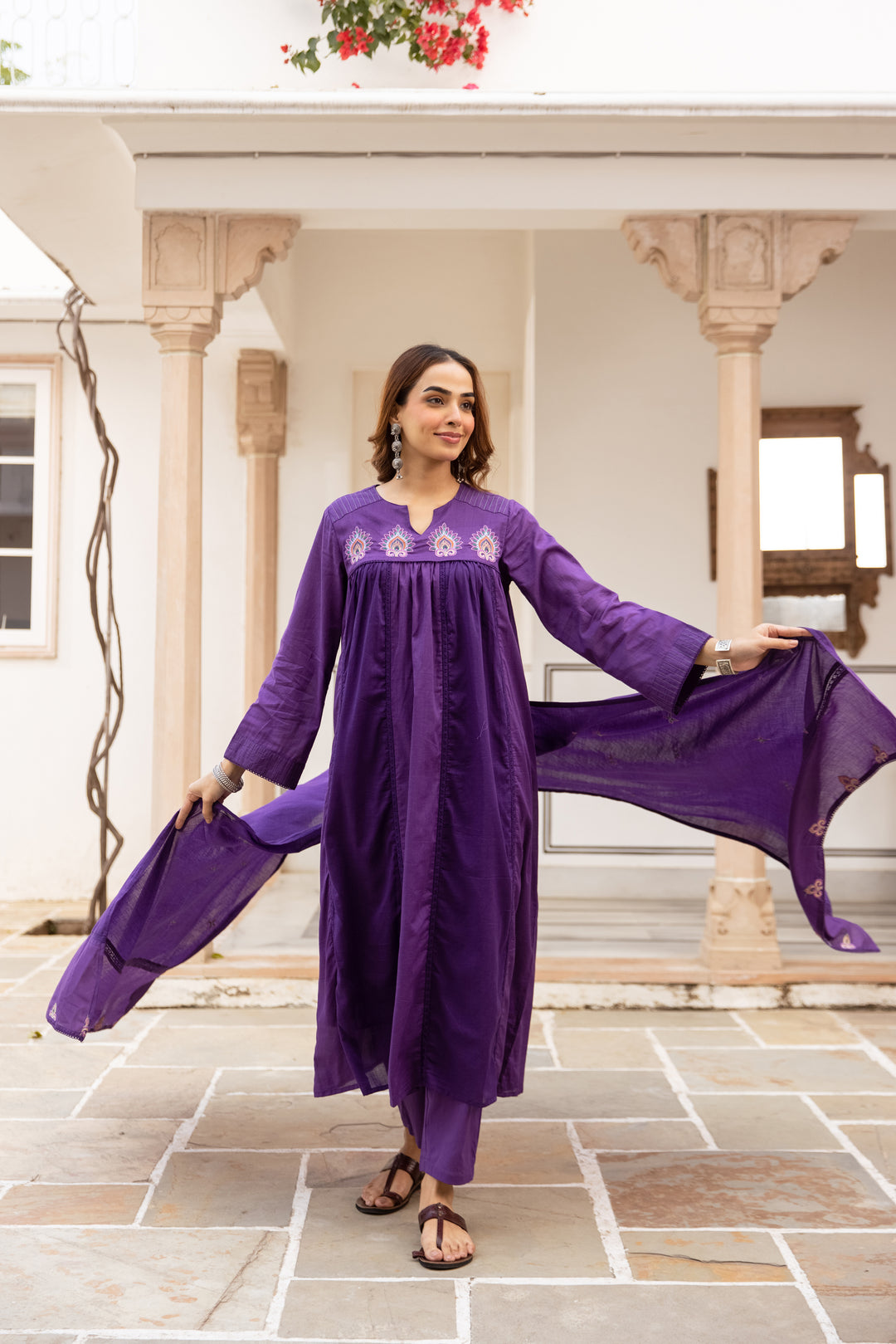 Nehamta Women's Dark Purple Mulmul Cotton Kurta With Pant & Dupatta set